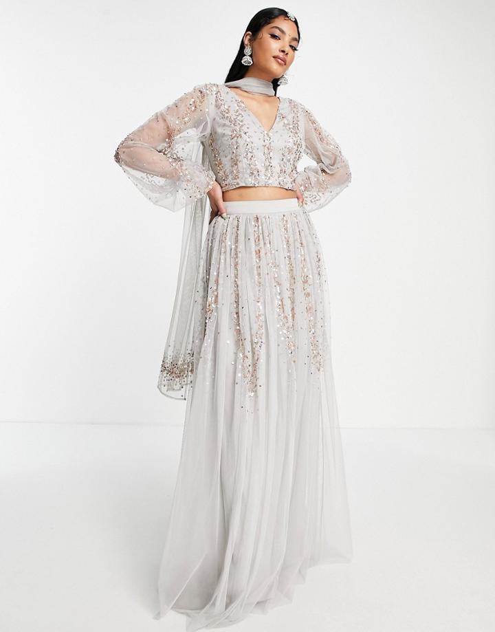 Maya All Over Embellished Lehenga Maxi Skirt In Gray