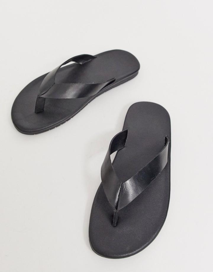 Asos Design Flip Flops In Black Leather - Black