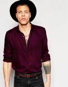 Asos Viscose Shirt With Mini Collar In Burgundy - Burgundy
