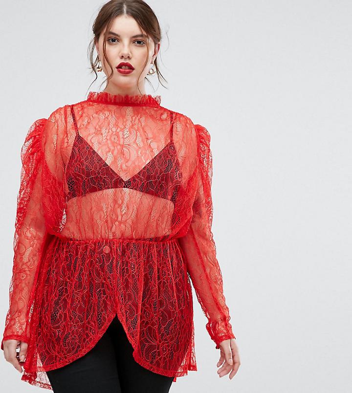 Asos Curve Premium Longline Lace Puff Sleeve Blouse - Red
