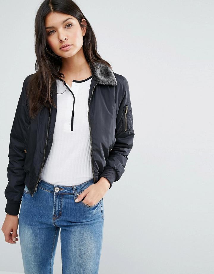 Brave Soul Bomber Jacket With Faux Fur Trim - Black