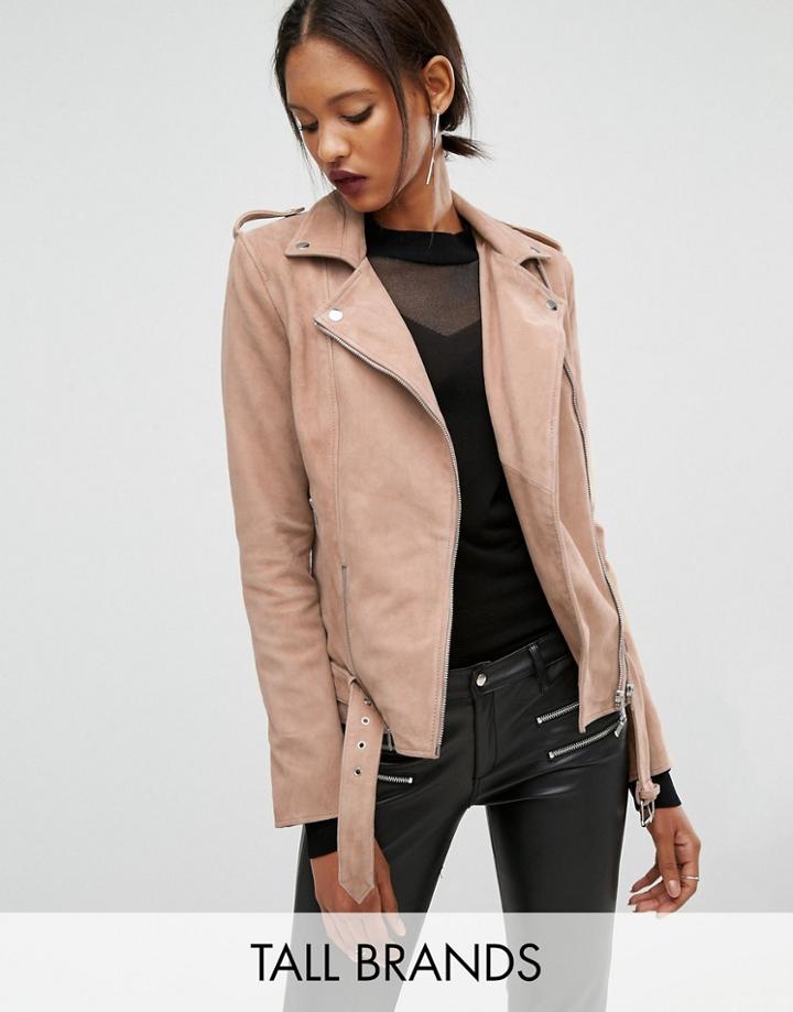 Y.a.s Tall Gwen Suede Biker Jacket With Belted Hem - Pink