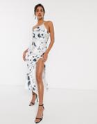 Asos Design One Shoulder Midaxi Dress In Satin With Drape Back In Mono Print-multi