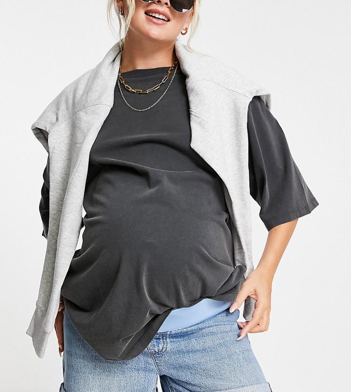 Asos Design Maternity Denim High Rise 'slouchy' Mom Shorts In Midwash-black