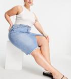 Vero Moda Curve Midi Denim Skirt With Front Split In Blue-blues