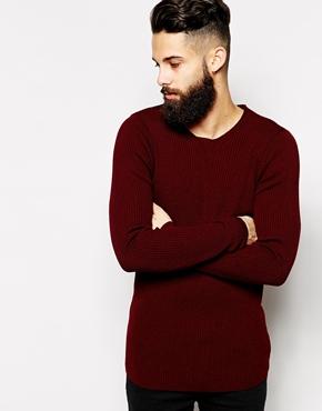 Asos Crew Neck Sweater With Ribbing - Burgundy