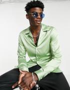Asos Design Skinny Fit Satin Shirt With 70s Collar In Sage Green