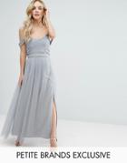 Little Mistress Petite Pleated Bust Drape Off Shoulder Maxi Dress - Green