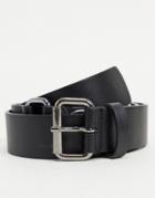 Asos Design Slim Belt In Black Faux Leather With D Ring Detail In Gunmetal