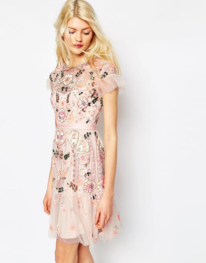 Needle & Thread Floral Tiered Embellished Dress - Pastel Pink