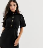 Asos Design Petite Mini Dress With Collar And Leopard Print Buttons - Black