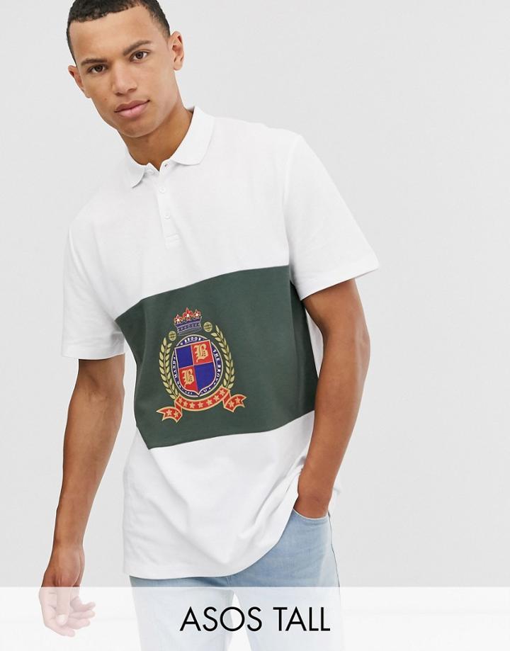 Asos Design Tall Relaxed Polo With Color Blocking And Front Emblem-white