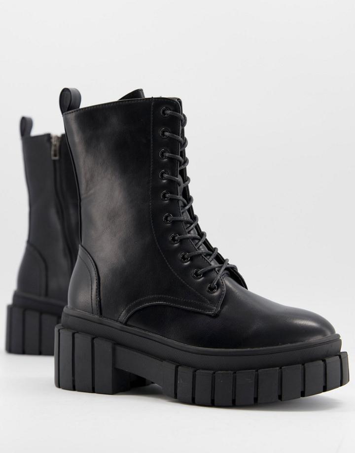 Truffle Collection Chunky Lace Up Ankle Boots In Black