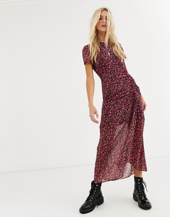 Allsaints Ariya Cheri Blossom Ruched Detail Midi Dress-pink