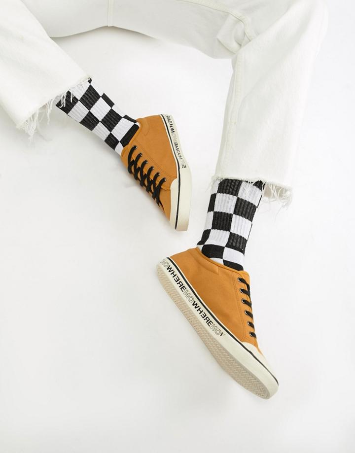 Asos Design Plimsolls In Mustard Canvas With Printed Sole - Yellow
