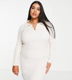 Missguided Plus Crinkle Polo Dress With Long Sleeve In Cream-white