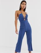 Fashion Union Crinkle Relaxed Jumpsuit With Cut Out Detail - Blue