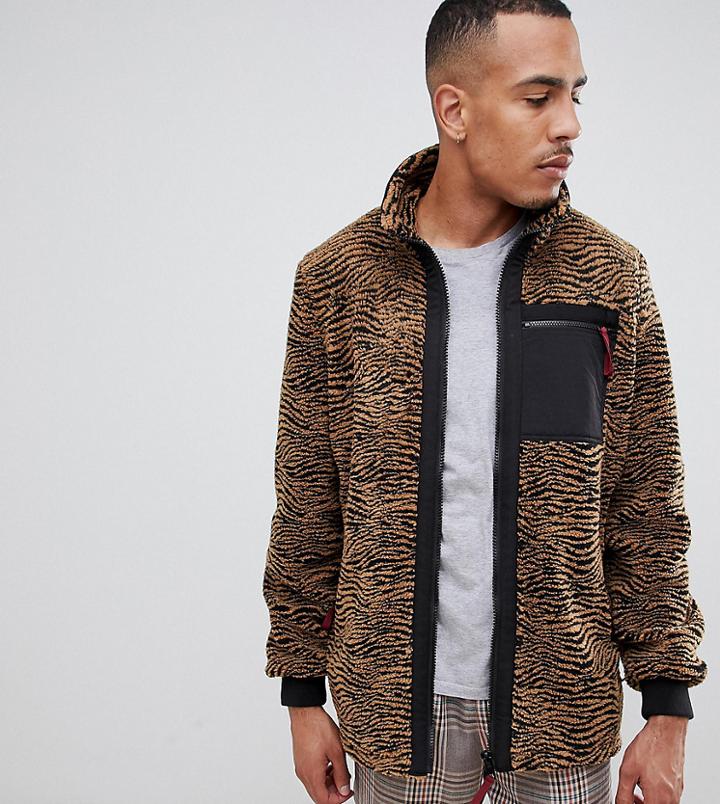 Asos Design Tall Fleece Zip Through Jacket In Zebra Borg - Beige