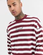 Asos Design Oversized Long Sleeve Stripe T-shirt With Chest Text Embroidery-multi