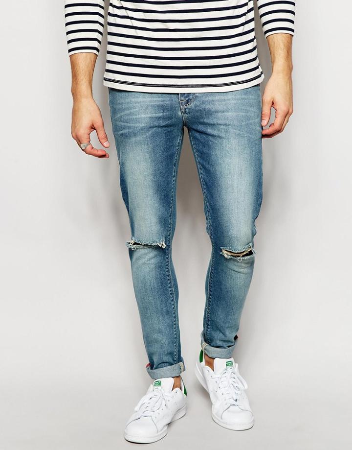 Asos Super Skinny Jeans With Knee Rips - Light Blue