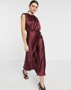 Asos Design Sleeveless Satin Midi Dress In Oxblood-purple