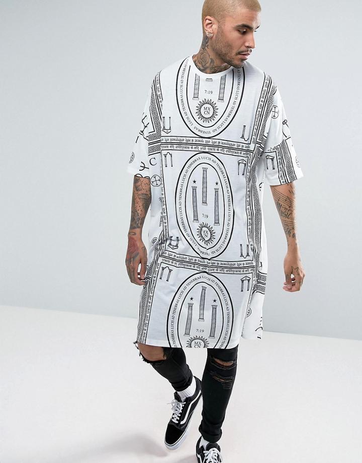 Asos Extreme Longline T-shirt With All Over Mystic Print - White
