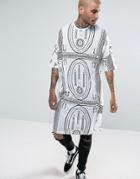 Asos Extreme Longline T-shirt With All Over Mystic Print - White