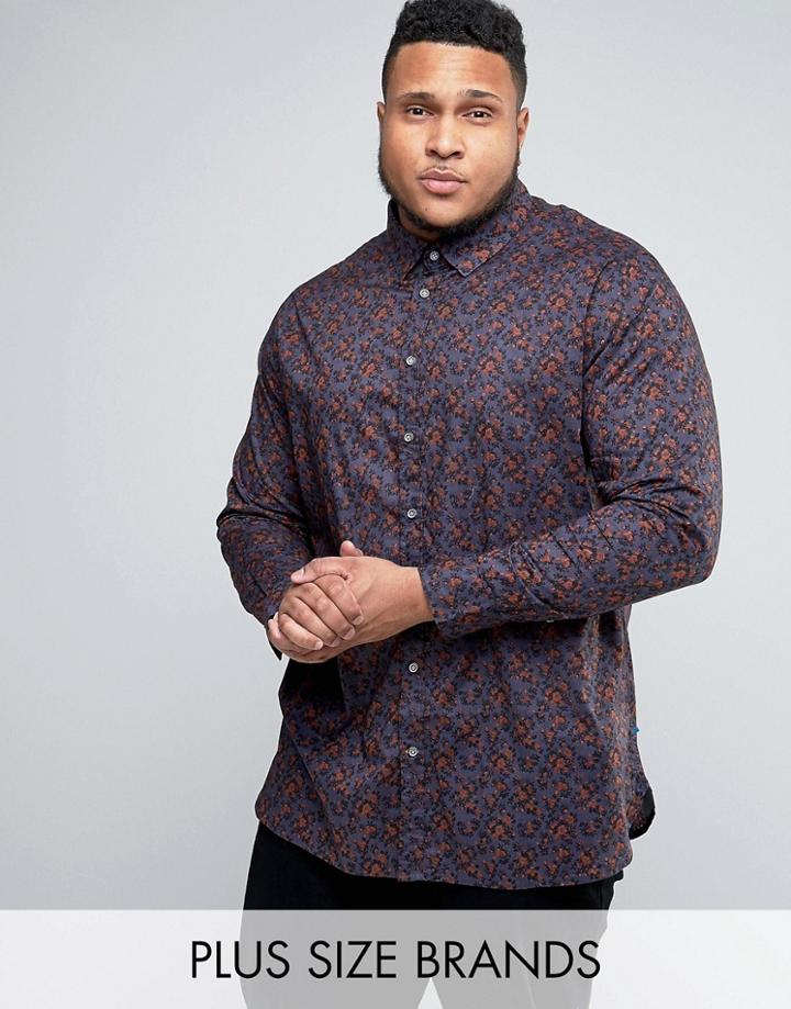 Duke Plus Shirt In Navy With Rust Floral Print - Gray