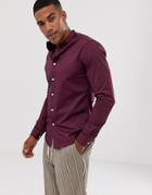 Asos Design Skinny Shirt In Burgundy With Grandad Collar