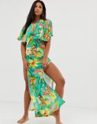 Asos Design Slinky Jersey Beach Maxi Dress With Ring Detail In Oversized Tropical Floral Print - Multi
