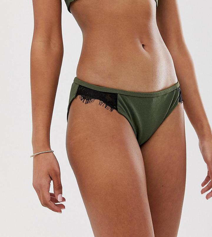 Wolf & Whistle Exclusive Lace Trim Bikini Bottom In Khaki-green