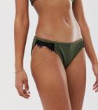 Wolf & Whistle Exclusive Lace Trim Bikini Bottom In Khaki-green