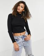 Asos Design Turtle Neck Crop Top With Lettuce Edge In Black
