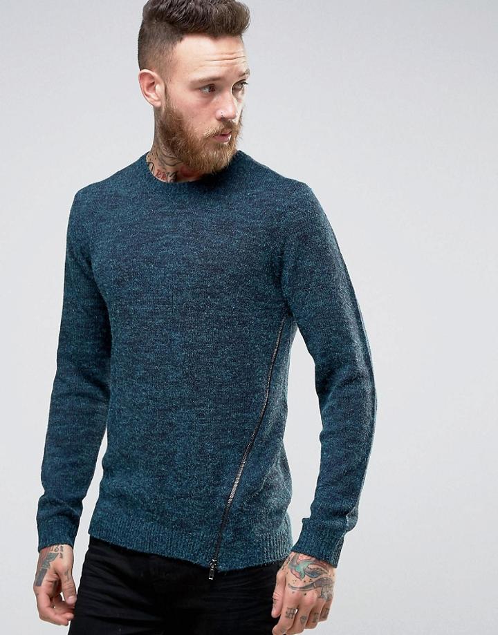 Asos Sweater In Hairy Yarn With Side Zip Detail - Green