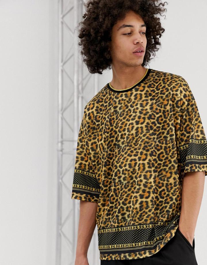 Asos Design Oversized Leopard Print T-shirt With Border And Back Print-multi
