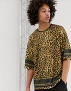 Asos Design Oversized Leopard Print T-shirt With Border And Back Print-multi