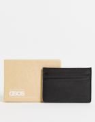 Asos Design Cardholder In Black Leather With Dusty Blue Edge
