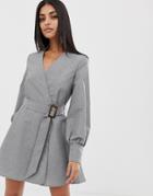 Prettylittlething Belted Dress In Gray - Gray
