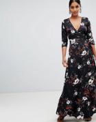 Liquorish Floral Print Maxi Wrap Dress - Black