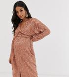 Asos Design Maternity Midi Dress With Batwing Sleeve And Wrap Waist In Scatter Sequin - Brown