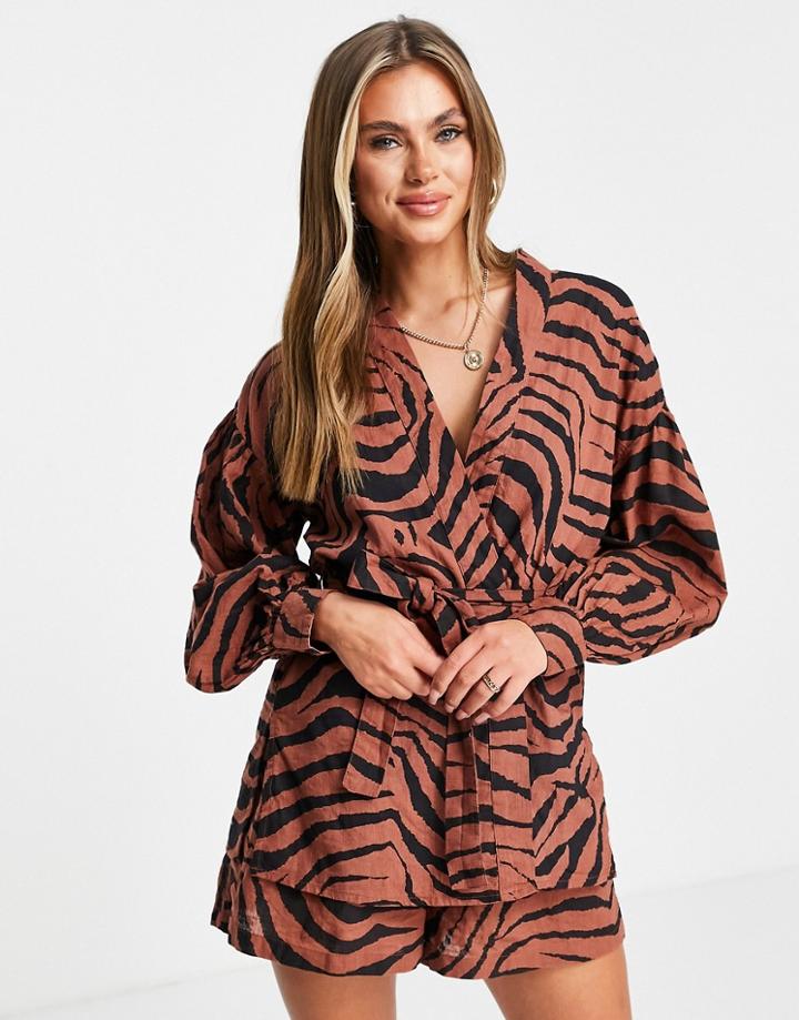 Asos Design Beach Shirt Set In Brown Animal Print-multi