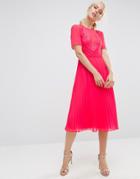 Asos Lace And Pleat Skater Midi Dress - Pink