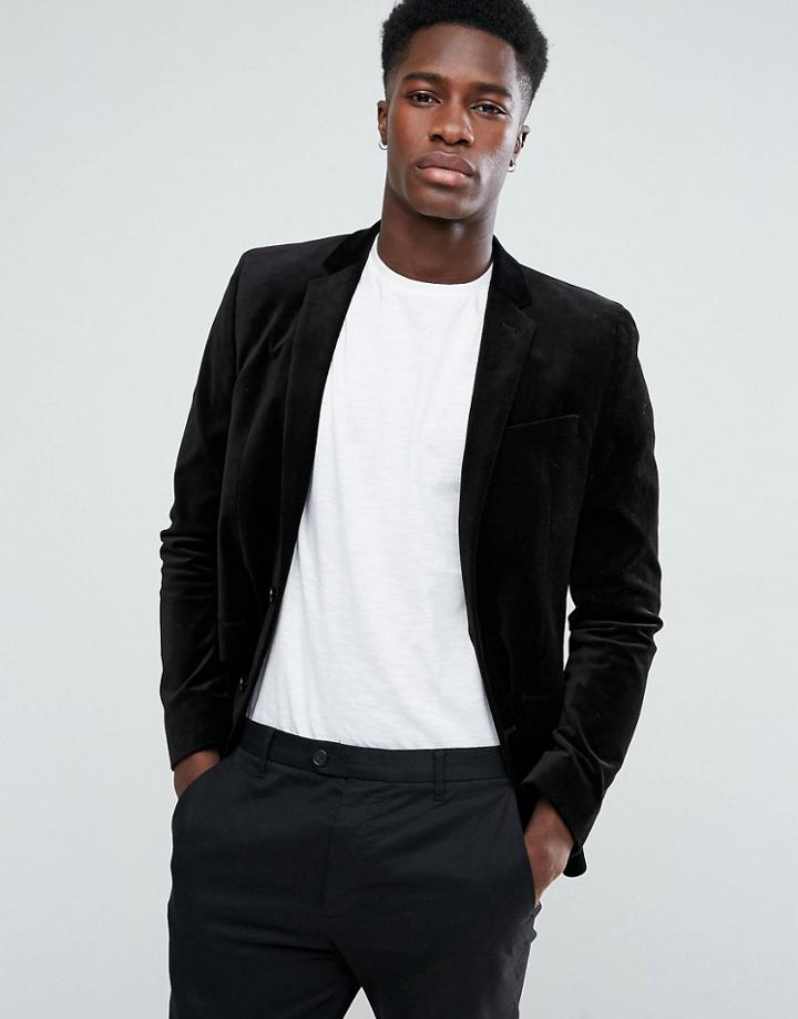 Asos Unstructured Slim Blazer In Black Velvet - Black