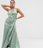Asos Design Petite Halter Maxi Dress In High Shine Satin With Drape Neck - Green