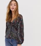 Asos Design Petite Long Sleeve Tea Blouse With Ruched Detail In Ditsy Floral Print - Multi