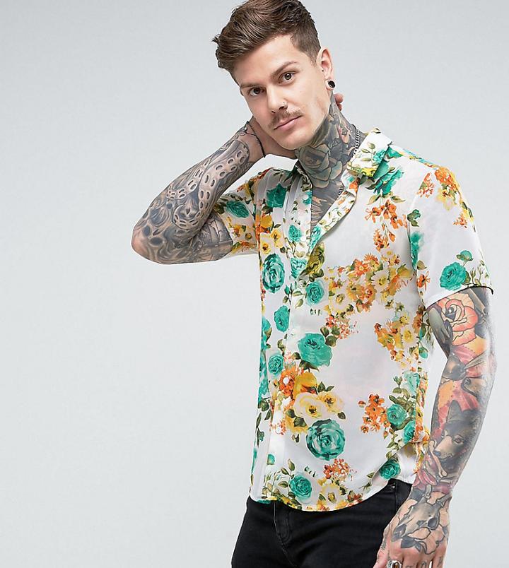 Reclaimed Vintage Inspired Floral Shirt With Short Sleeves In Reg Fit - White