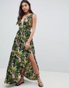 Asos Design Grecian Plunge Maxi Woven Beach Dress In Hibiscus Print - Multi