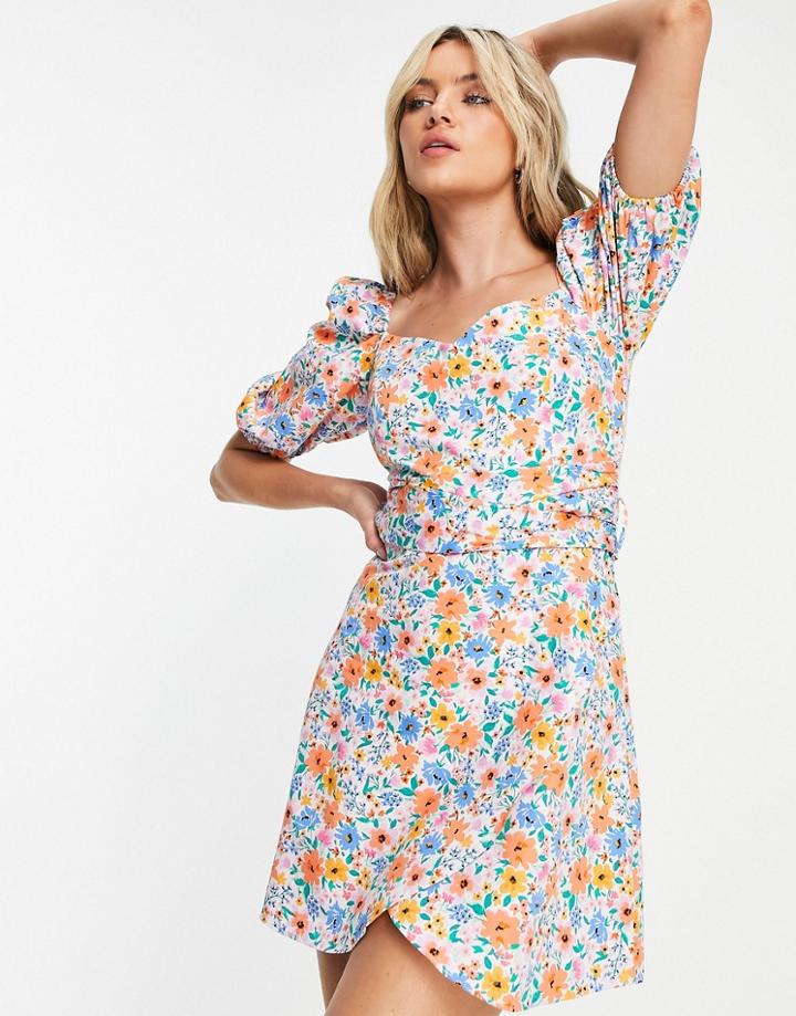 Topshop Bold Floral Poplin Wrap Top Mini Dress-multi
