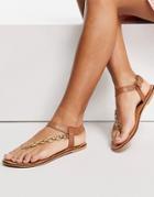 Asos Design Formula Minimal Leather Sandals With Metal Ring Detail In Tan-brown