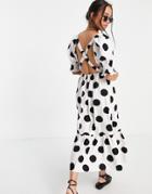 Topshop Ruched Shoulder Poplin Smock Midi Dress In Oversized Spot-multi